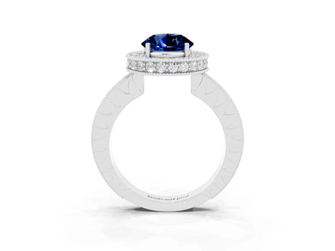 White gold Round Cut Halo Diamond Engagement Ring with Milgrain Pave Band and Four-Prong Setting_3