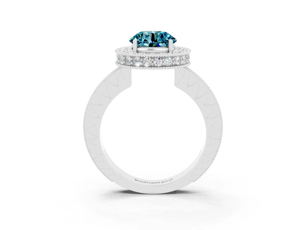 White gold Round Cut Halo Diamond Engagement Ring with Milgrain Pave Band and Four-Prong Setting