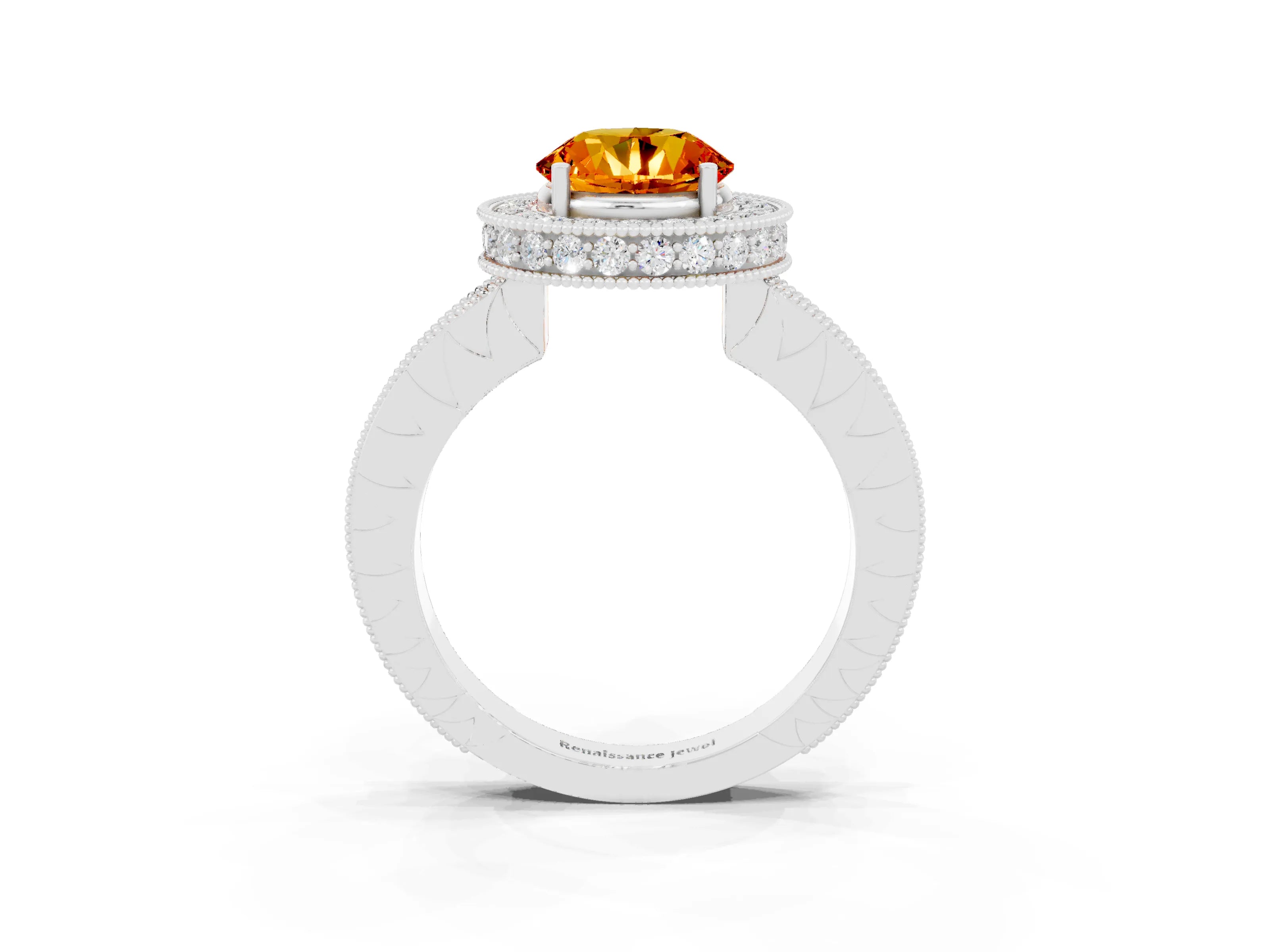White gold Round Cut Halo Diamond Engagement Ring with Milgrain Pave Band and Four-Prong Setting_3