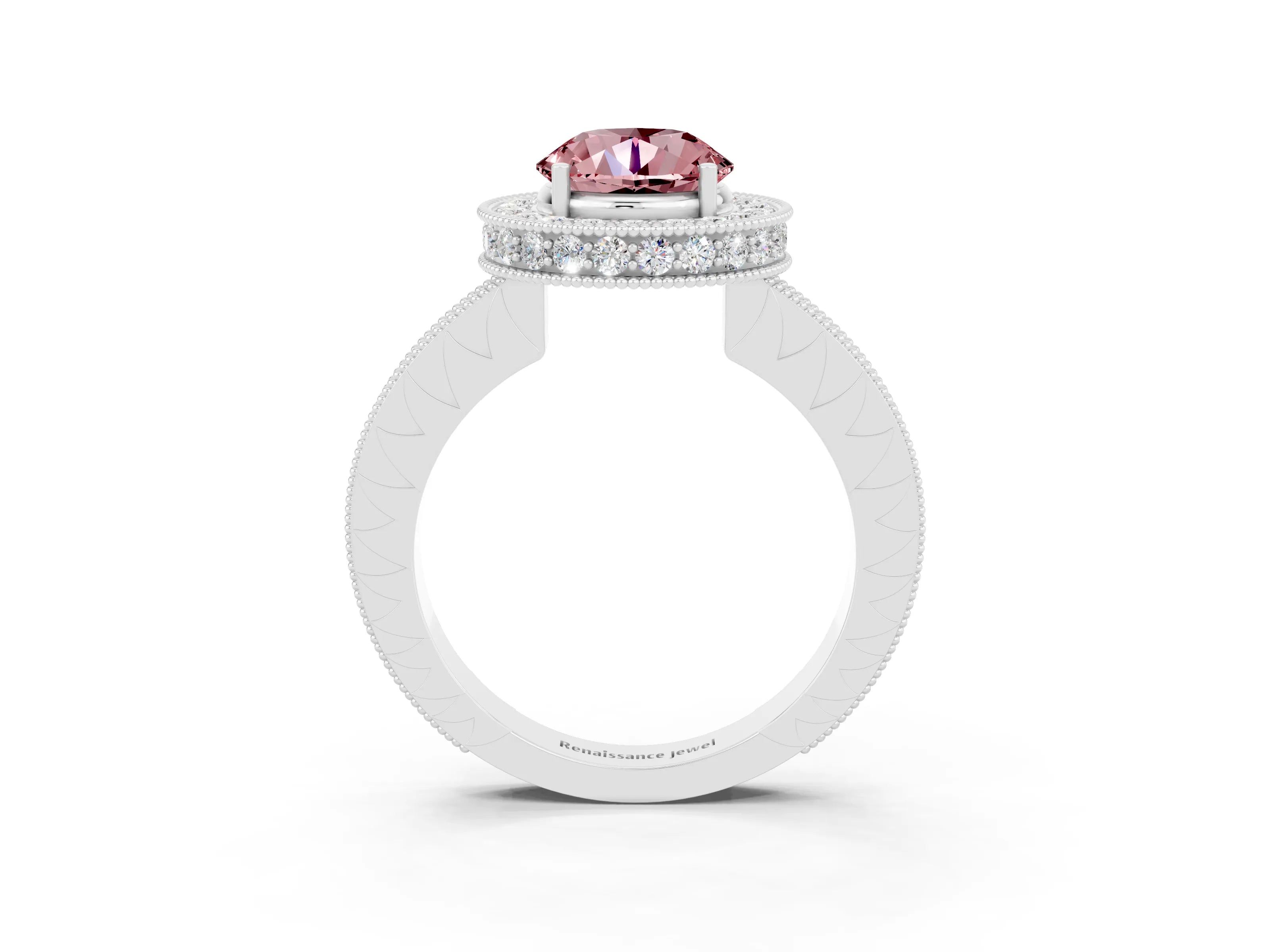White gold Round Cut Halo Diamond Engagement Ring with Milgrain Pave Band and Four-Prong Setting_3
