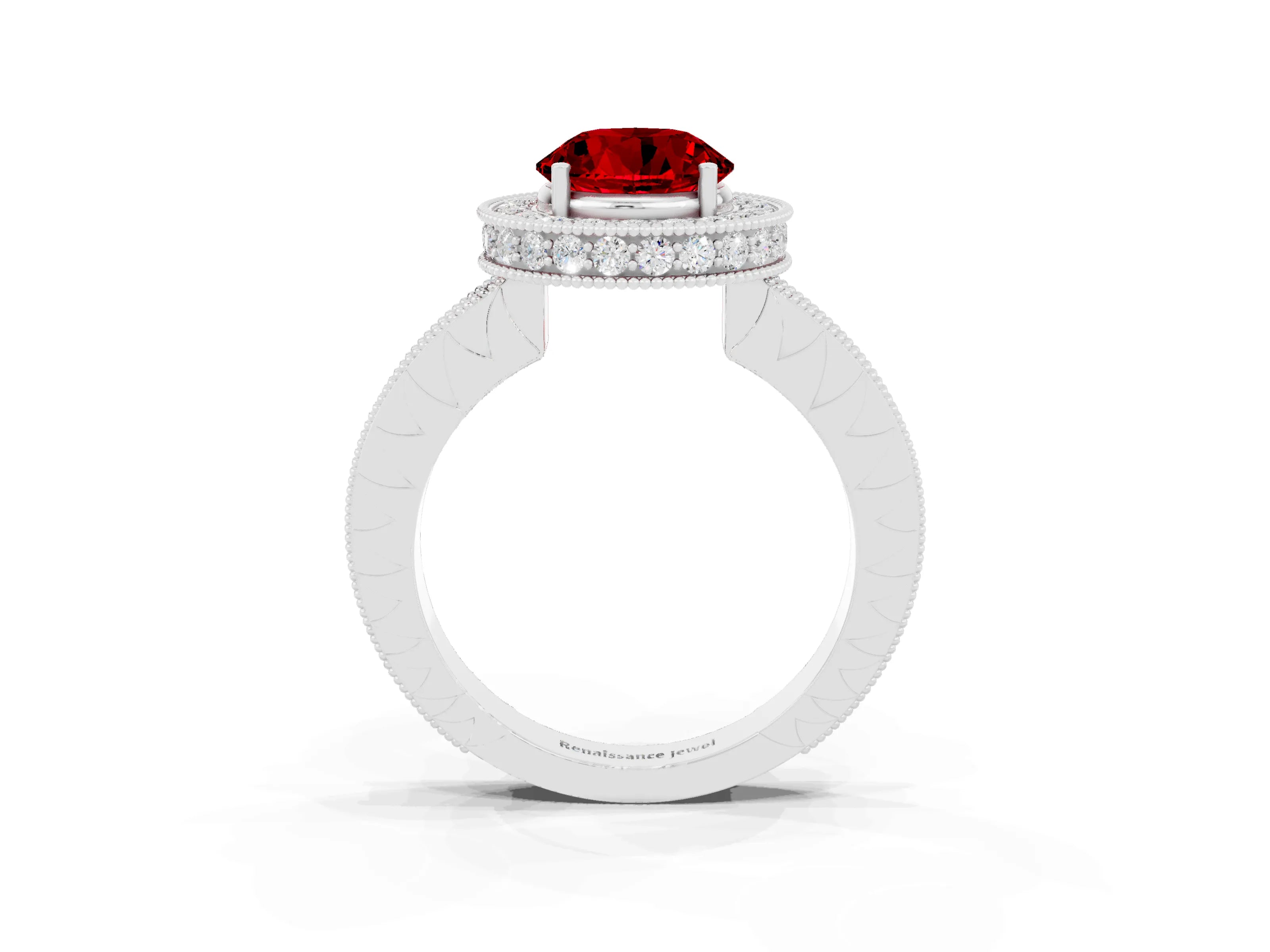 White gold Round Cut Halo Diamond Engagement Ring with Milgrain Pave Band and Four-Prong Setting_3