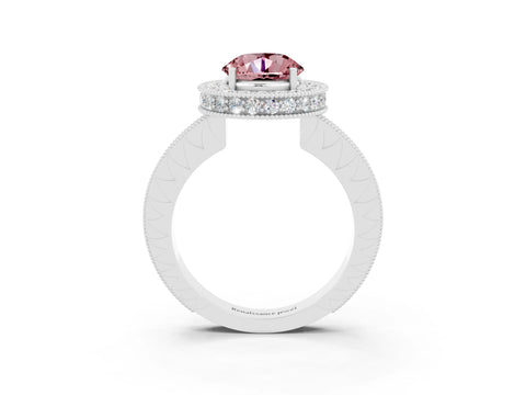 White gold Round Cut Halo Diamond Engagement Ring with Milgrain Pave Band and Four-Prong Setting_3