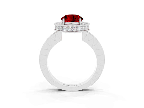 White gold Round Cut Halo Diamond Engagement Ring with Milgrain Pave Band and Four-Prong Setting_3