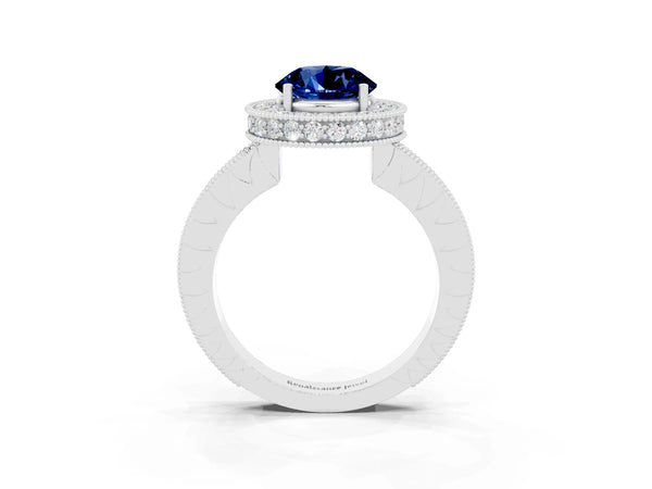 Silver Round Cut Halo Diamond Engagement Ring with Milgrain Pave Band and Four-Prong Setting