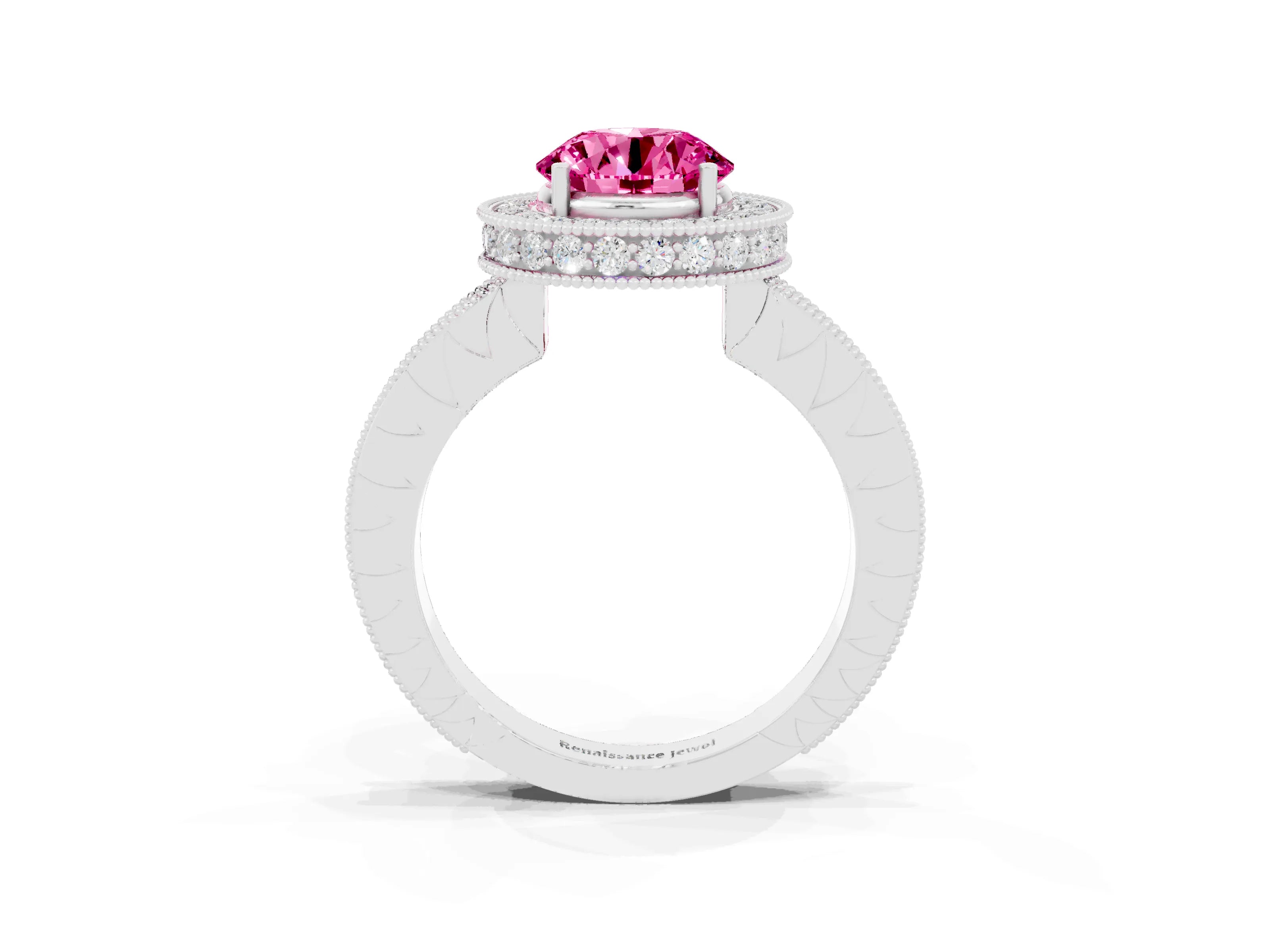 White gold Round Cut Halo Diamond Engagement Ring with Milgrain Pave Band and Four-Prong Setting_3