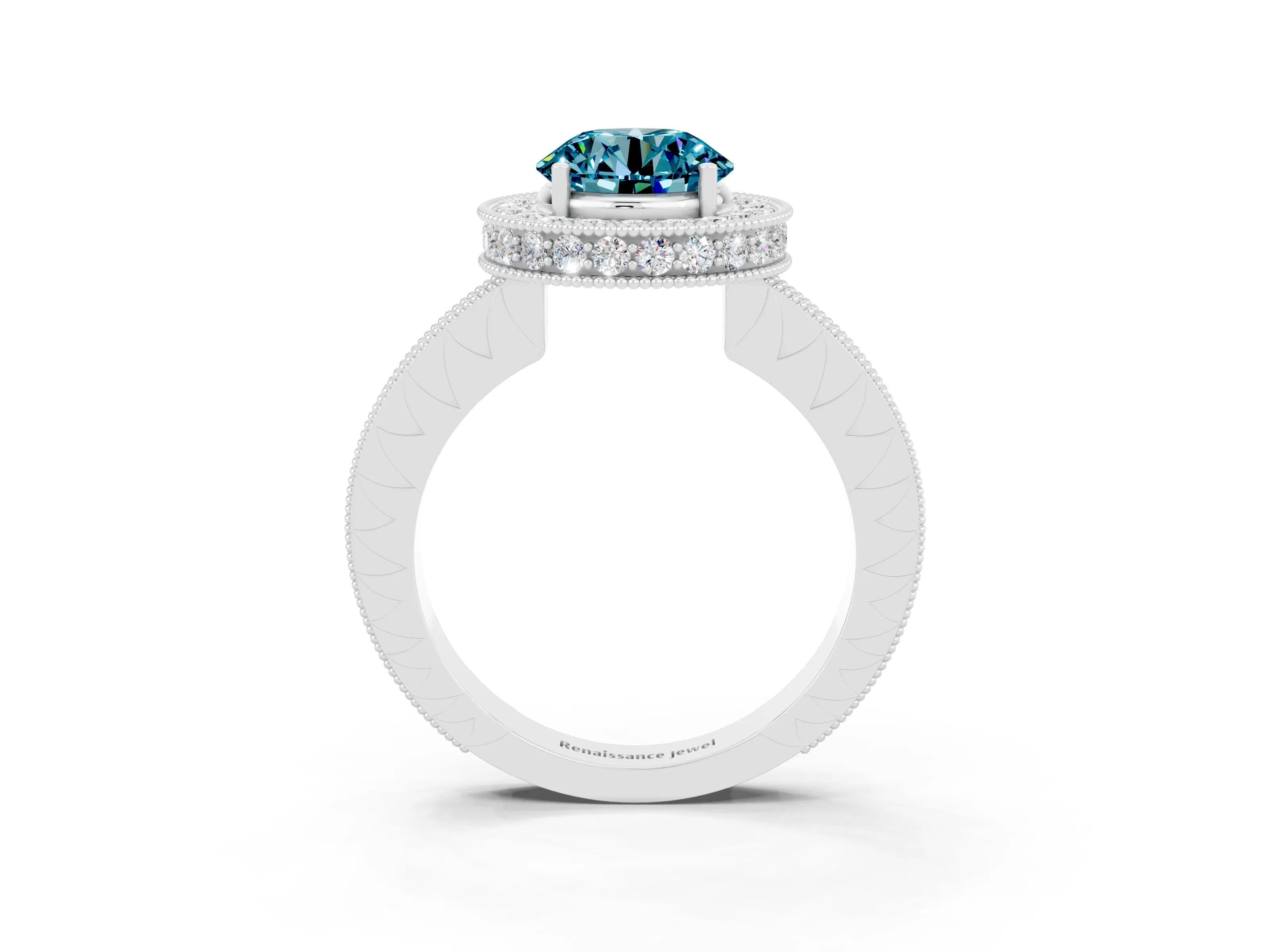 White gold Round Cut Halo Diamond Engagement Ring with Milgrain Pave Band and Four-Prong Setting_3