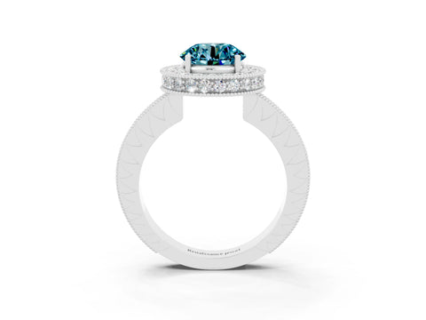 White gold Round Cut Halo Diamond Engagement Ring with Milgrain Pave Band and Four-Prong Setting_3