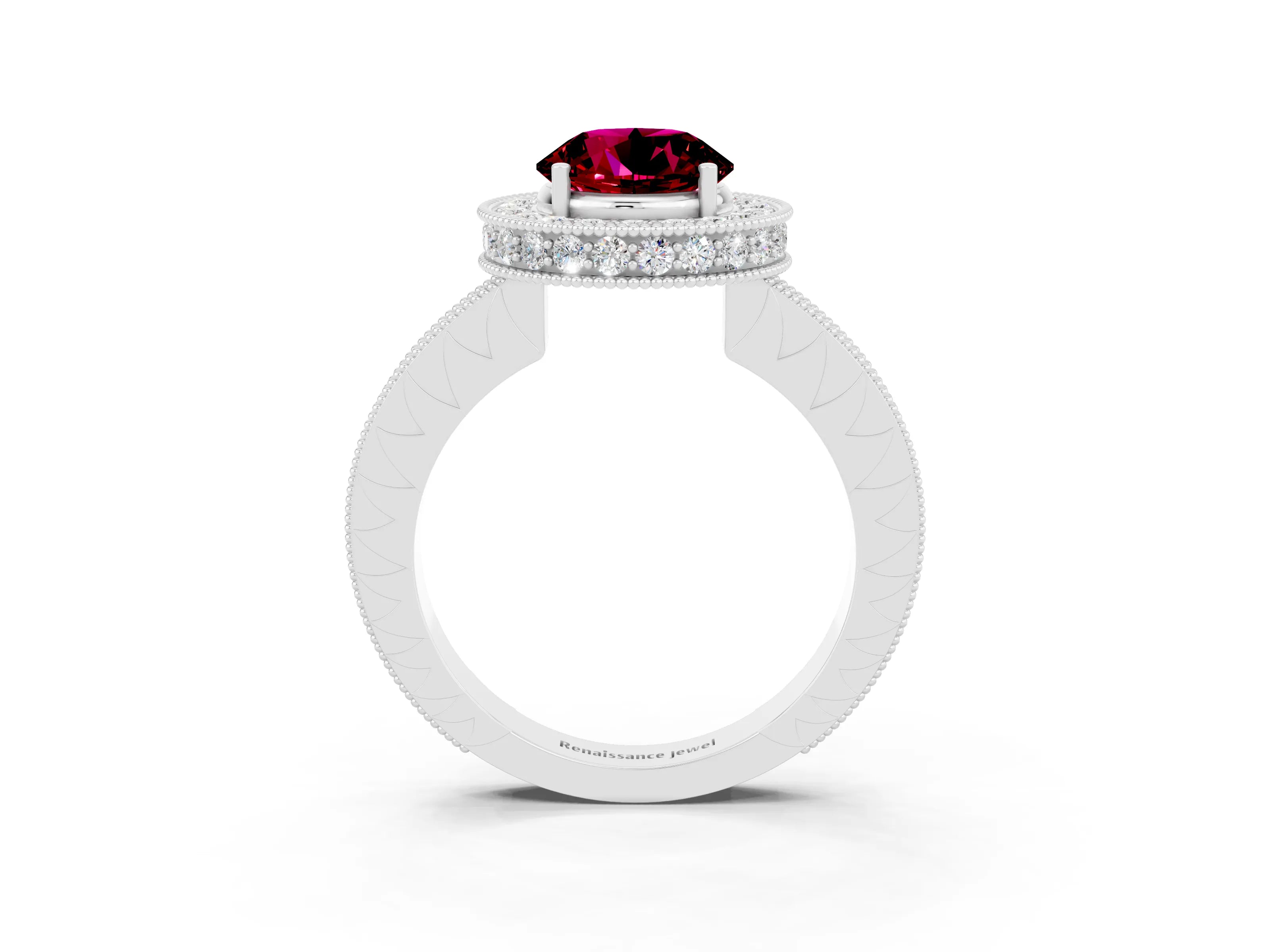 White gold Round Cut Halo Diamond Engagement Ring with Milgrain Pave Band and Four-Prong Setting_3