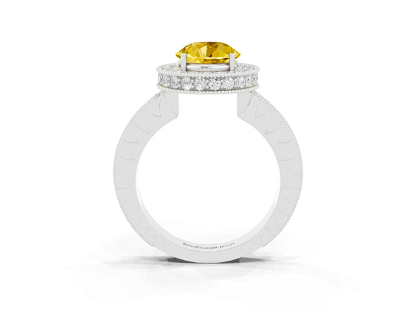 Platinum Round Cut Halo Diamond Engagement Ring with Milgrain Pave Band and Four-Prong Setting