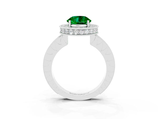 Platinum Round Cut Halo Diamond Engagement Ring with Milgrain Pave Band and Four-Prong Setting