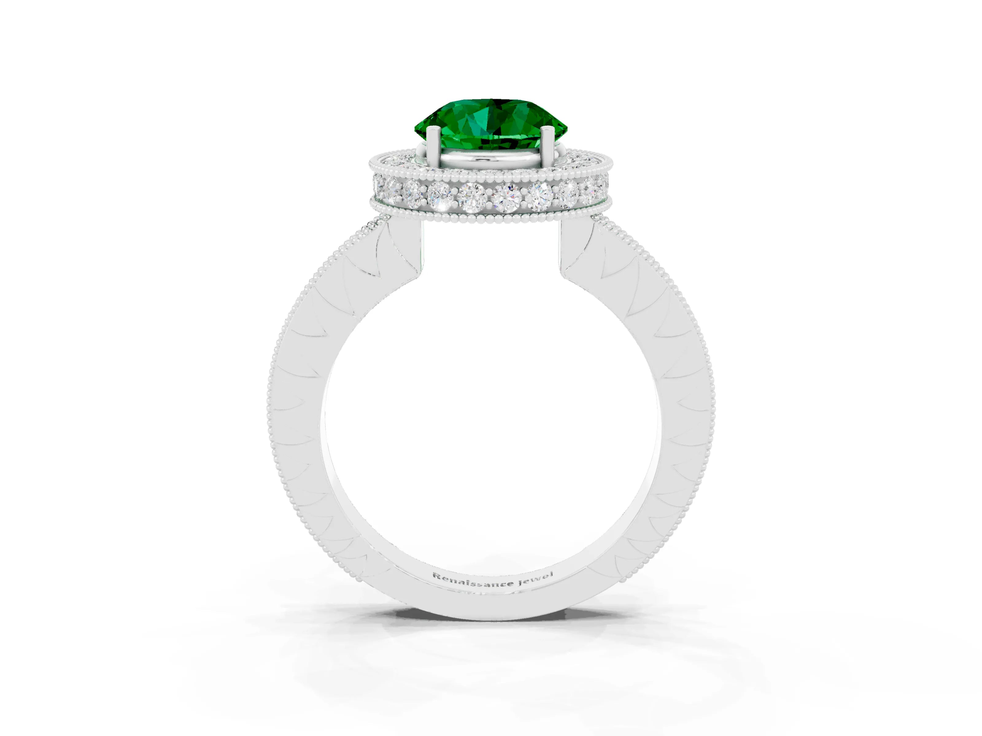 White gold Round Cut Halo Diamond Engagement Ring with Milgrain Pave Band and Four-Prong Setting_3