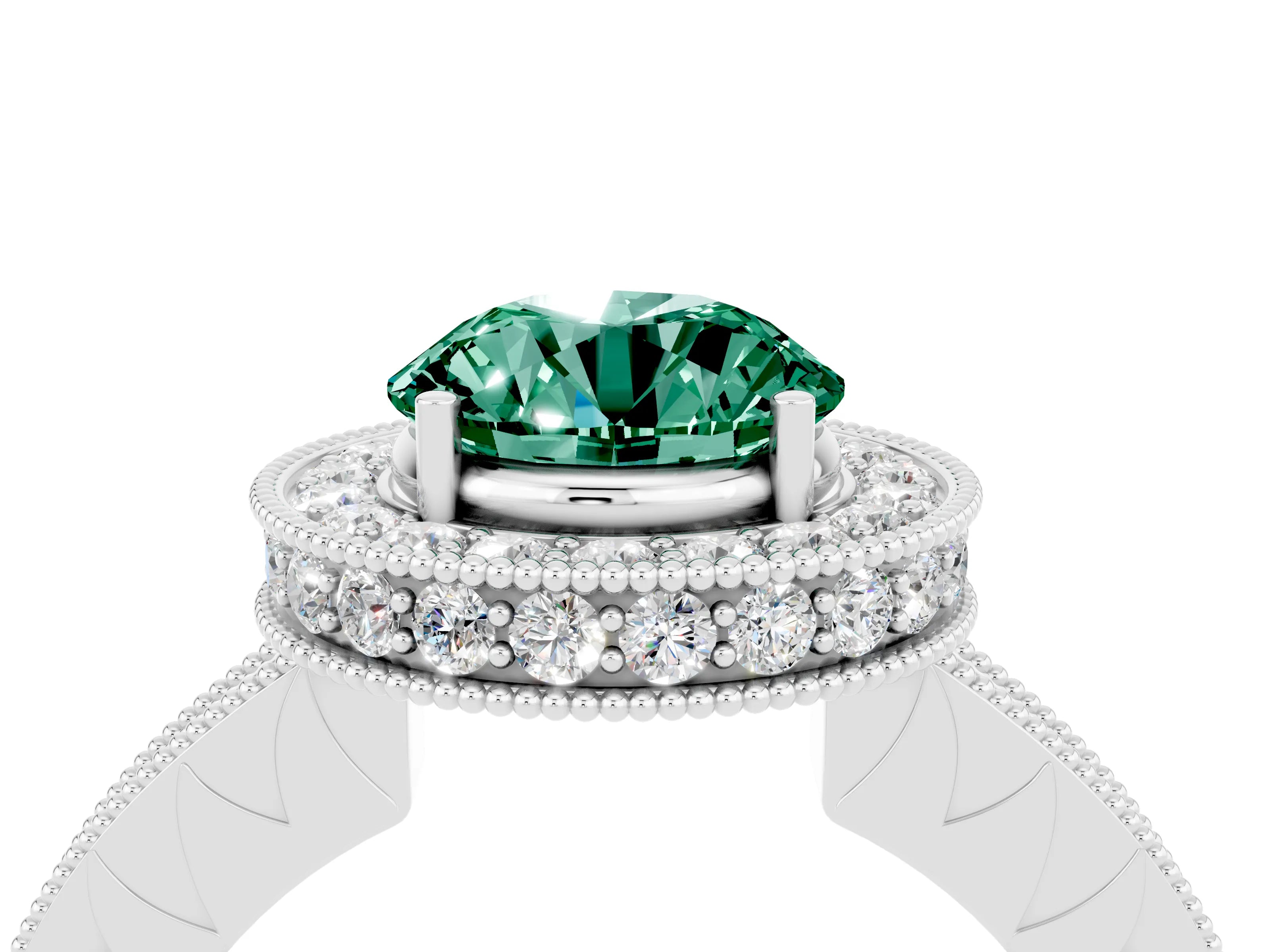 White gold Round Cut Halo Diamond Engagement Ring with Milgrain Pave Band and Four-Prong Setting_4