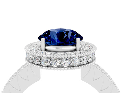 White gold Round Cut Halo Diamond Engagement Ring with Milgrain Pave Band and Four-Prong Setting_4
