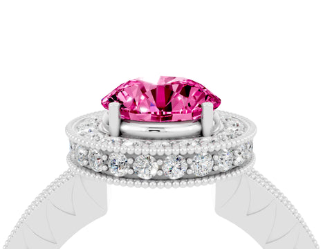 White gold Round Cut Halo Diamond Engagement Ring with Milgrain Pave Band and Four-Prong Setting_4
