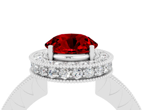White gold Round Cut Halo Diamond Engagement Ring with Milgrain Pave Band and Four-Prong Setting_4