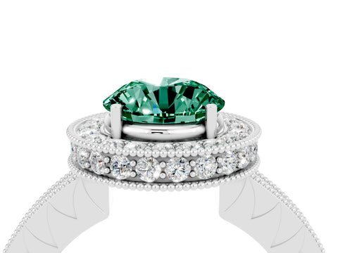 White gold Round Cut Halo Diamond Engagement Ring with Milgrain Pave Band and Four-Prong Setting_4