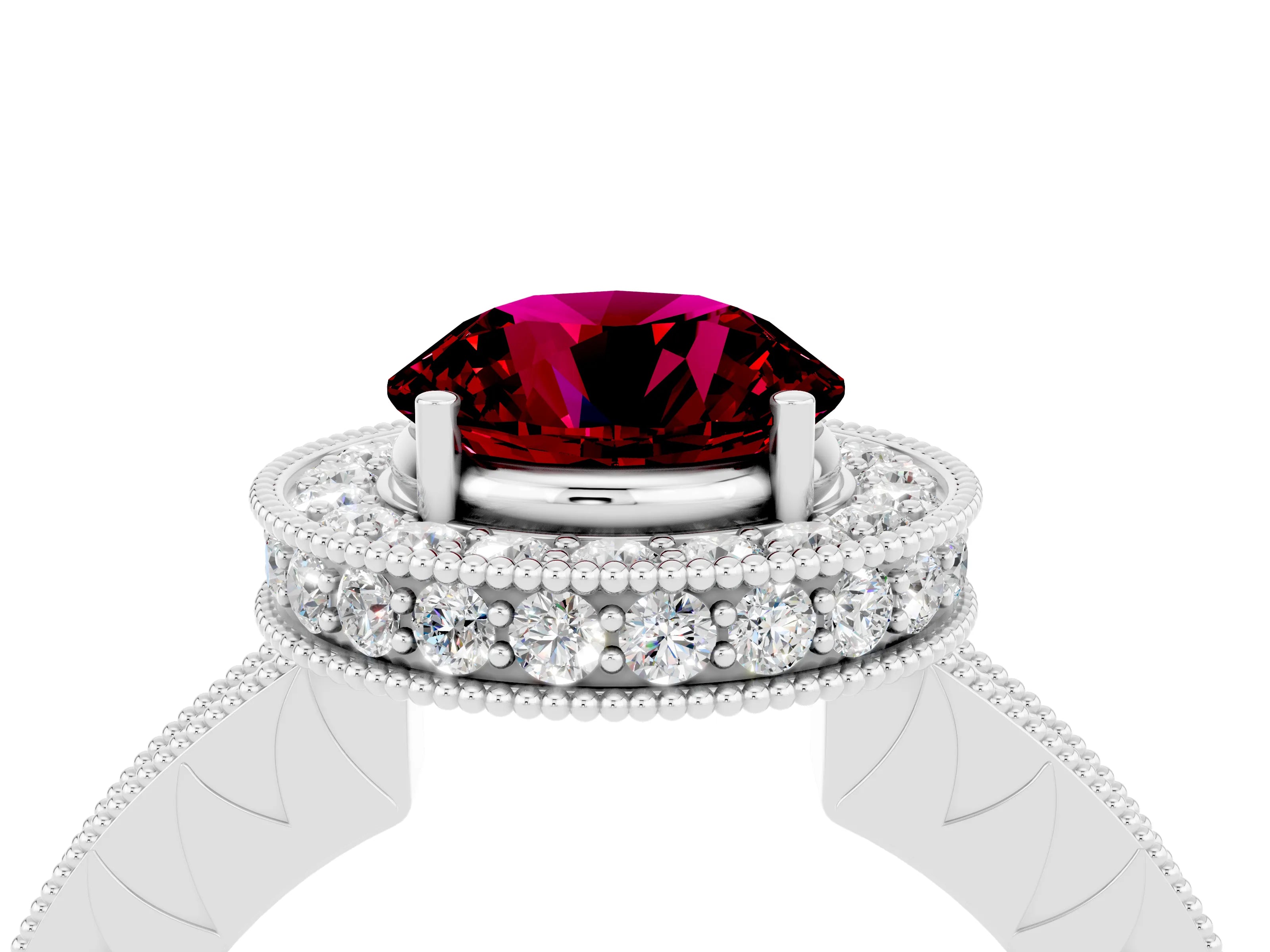 White gold Round Cut Halo Diamond Engagement Ring with Milgrain Pave Band and Four-Prong Setting_4