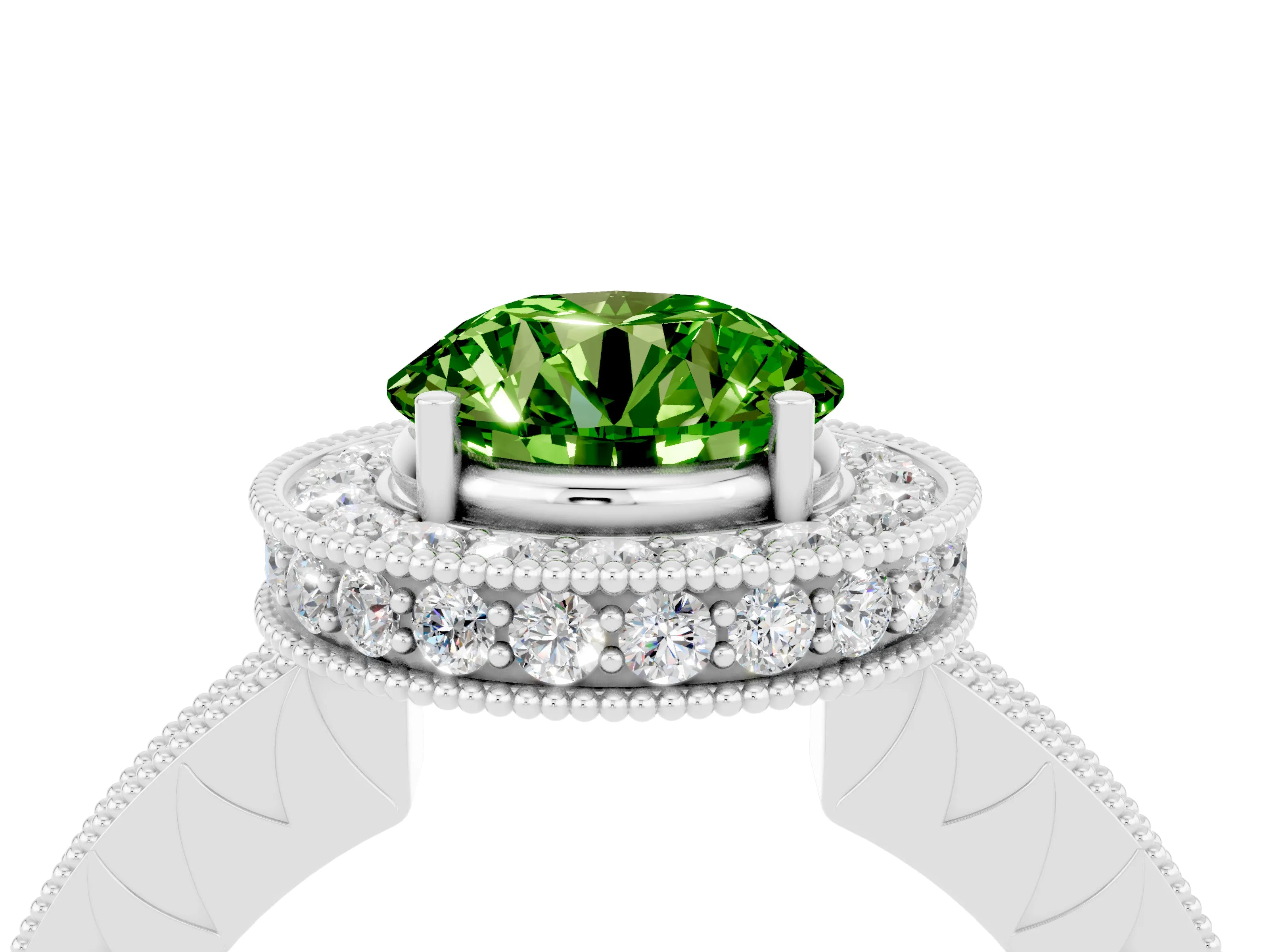 White gold Round Cut Halo Diamond Engagement Ring with Milgrain Pave Band and Four-Prong Setting_4