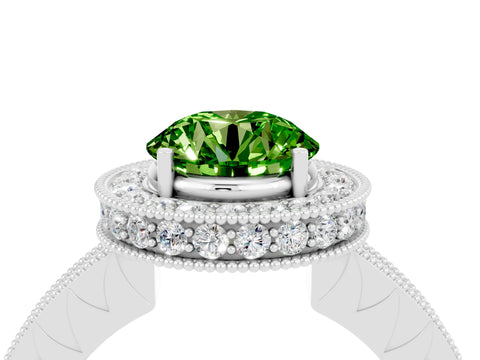 White gold Round Cut Halo Diamond Engagement Ring with Milgrain Pave Band and Four-Prong Setting_4