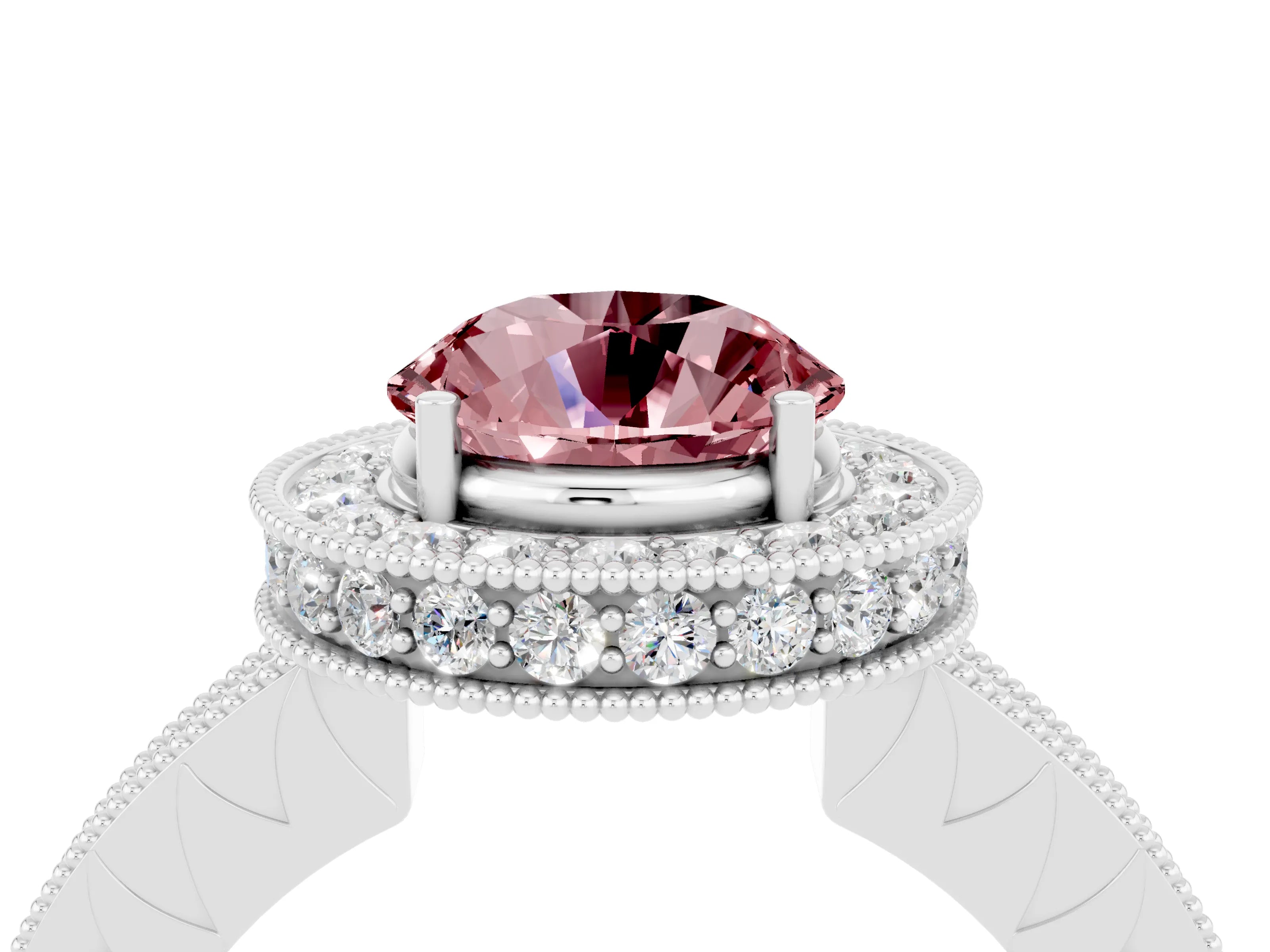 White gold Round Cut Halo Diamond Engagement Ring with Milgrain Pave Band and Four-Prong Setting_4
