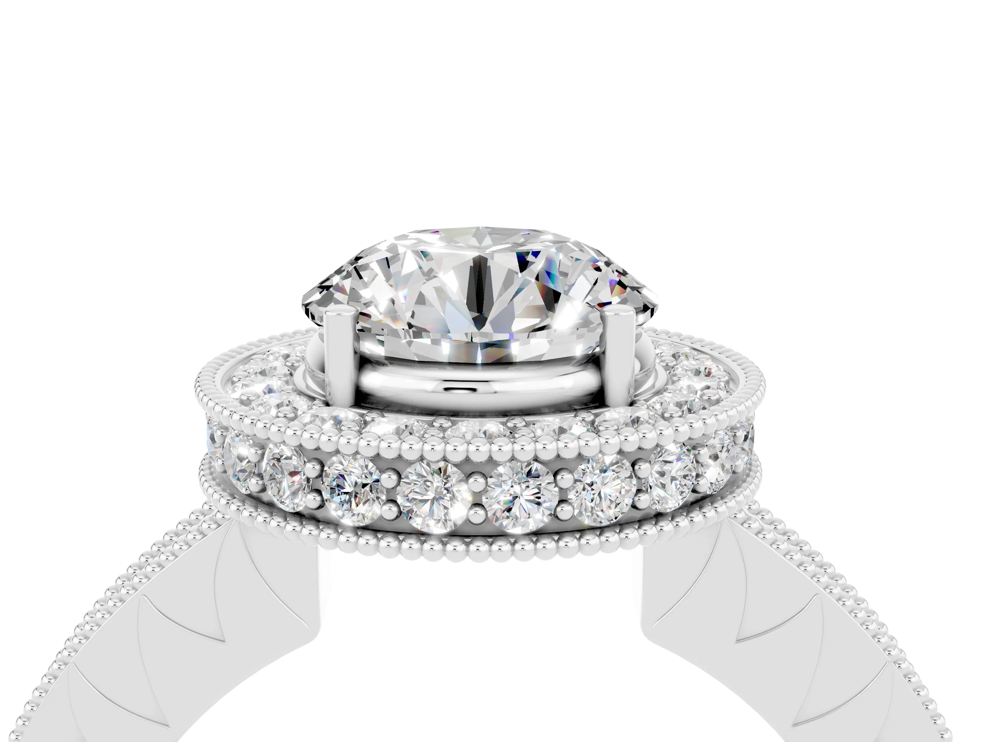 White gold Round Cut Halo Diamond Engagement Ring with Milgrain Pave Band and Four-Prong Setting_4