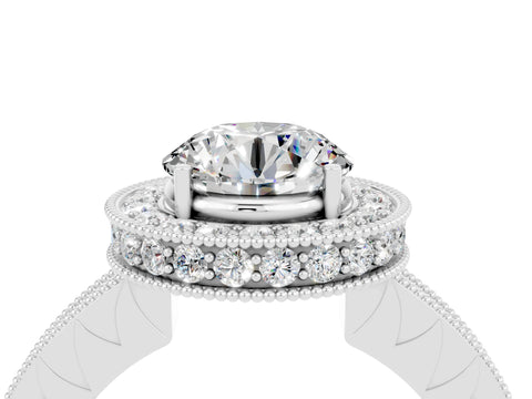 White gold Round Cut Halo Diamond Engagement Ring with Milgrain Pave Band and Four-Prong Setting_4