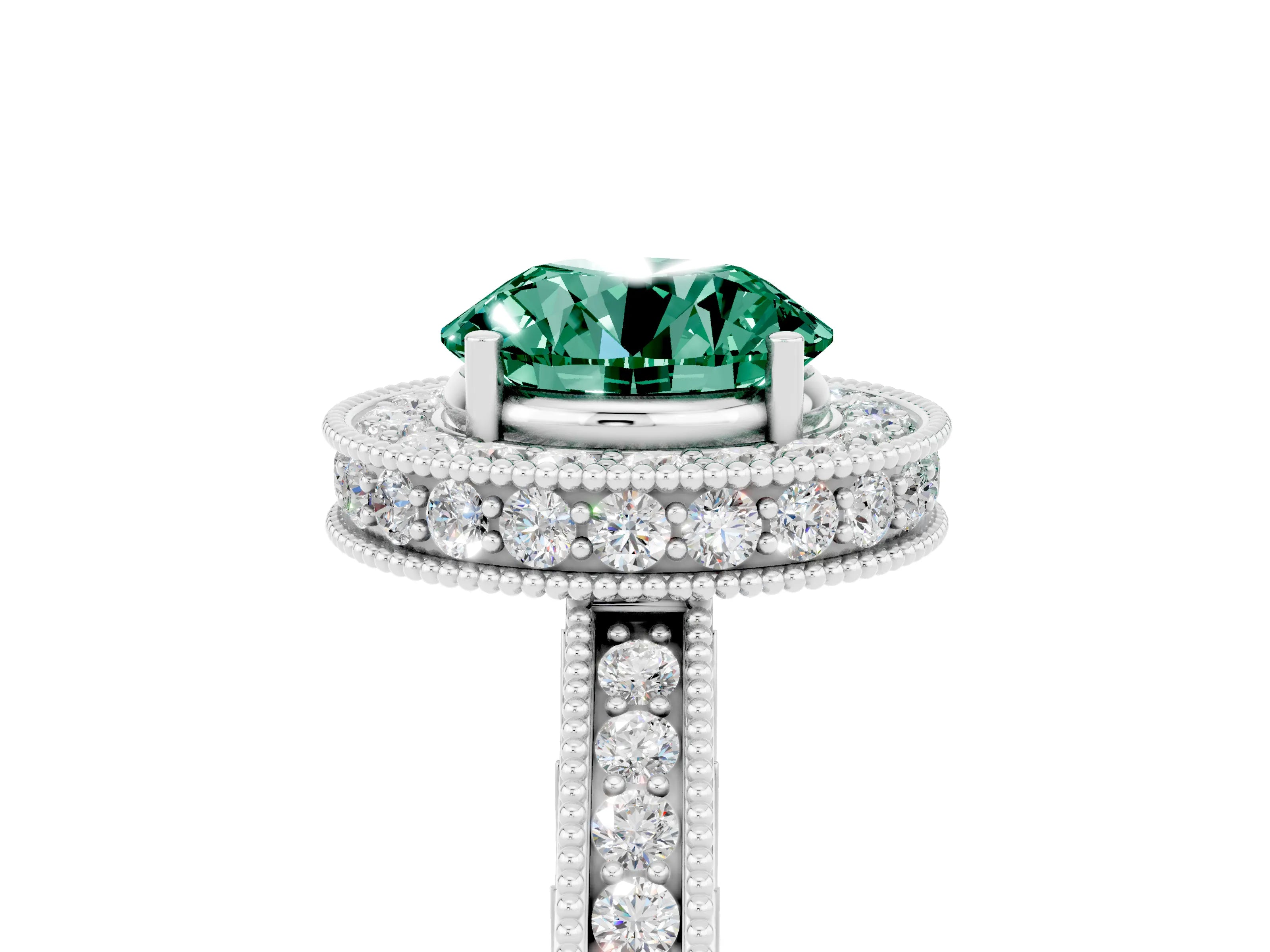 White gold Round Cut Halo Diamond Engagement Ring with Milgrain Pave Band and Four-Prong Setting_5