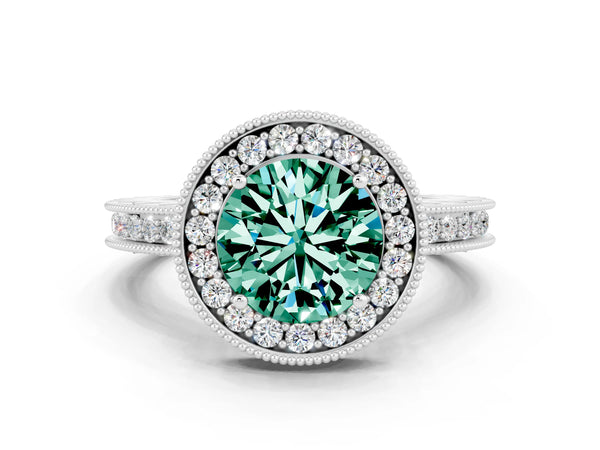 White gold Round Cut Green Sapphire Milgrain Halo Engagement Ring with Round Pavé Band and Prong Setting