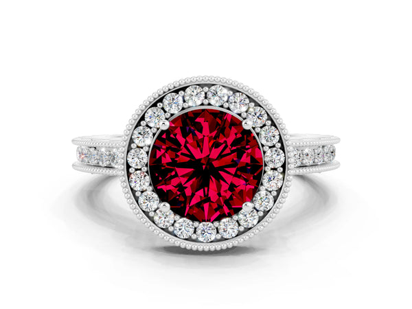 Platinum Round Cut Halo Diamond Engagement Ring with Milgrain Pave Band and Four-Prong Setting