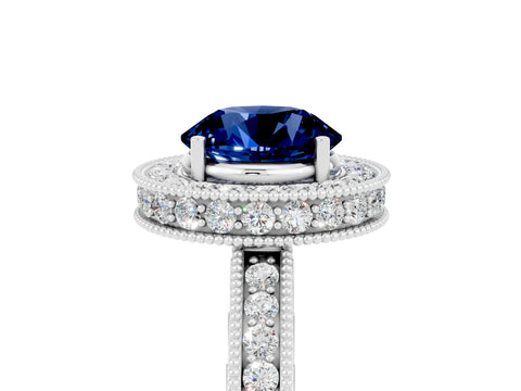 White gold Round Cut Halo Diamond Engagement Ring with Milgrain Pave Band and Four-Prong Setting_5