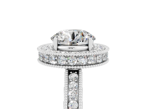 White gold Round Cut Halo Diamond Engagement Ring with Milgrain Pave Band and Four-Prong Setting_5