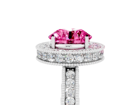 White gold Round Cut Halo Diamond Engagement Ring with Milgrain Pave Band and Four-Prong Setting_5
