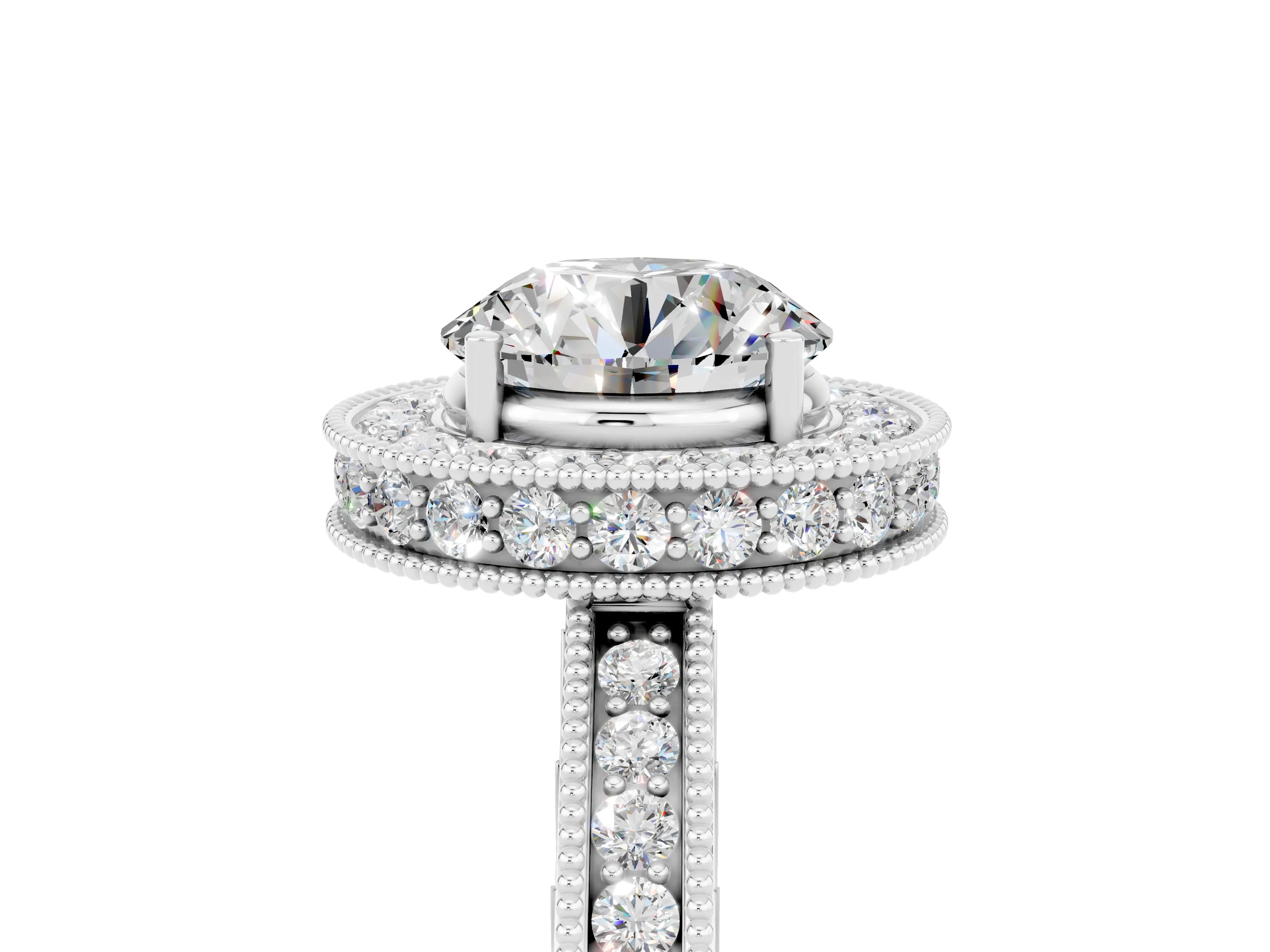 White gold Round Cut Halo Diamond Engagement Ring with Milgrain Pave Band and Four-Prong Setting_5