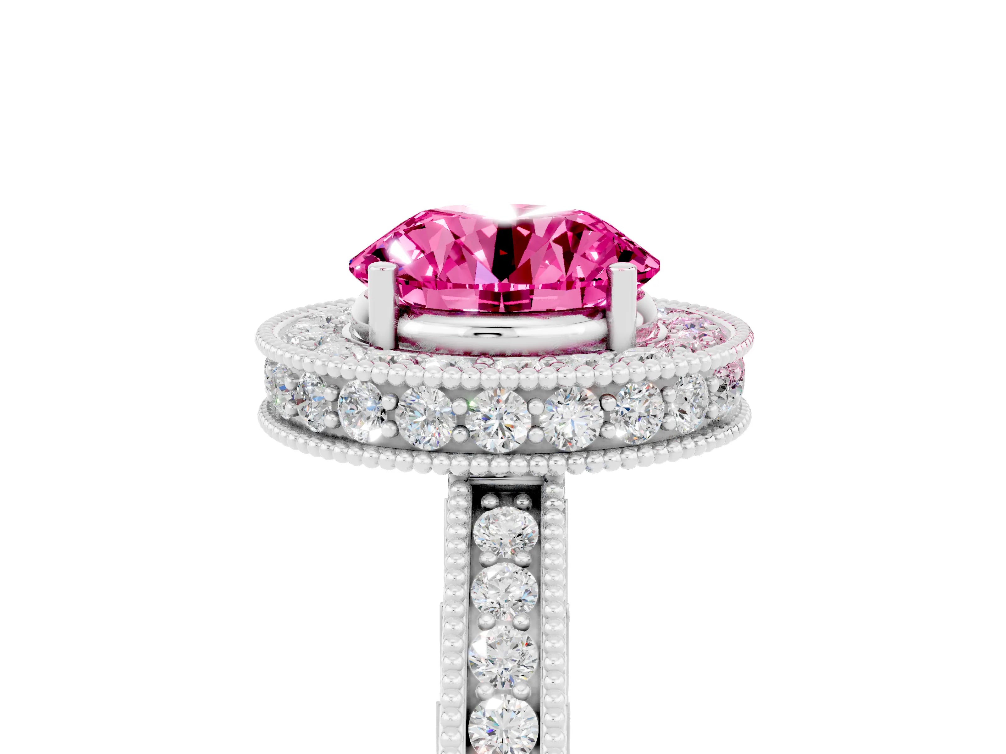 White gold Round Cut Halo Diamond Engagement Ring with Milgrain Pave Band and Four-Prong Setting_5
