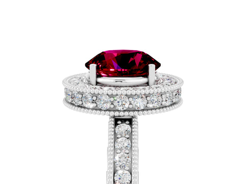 White gold Round Cut Halo Diamond Engagement Ring with Milgrain Pave Band and Four-Prong Setting_5