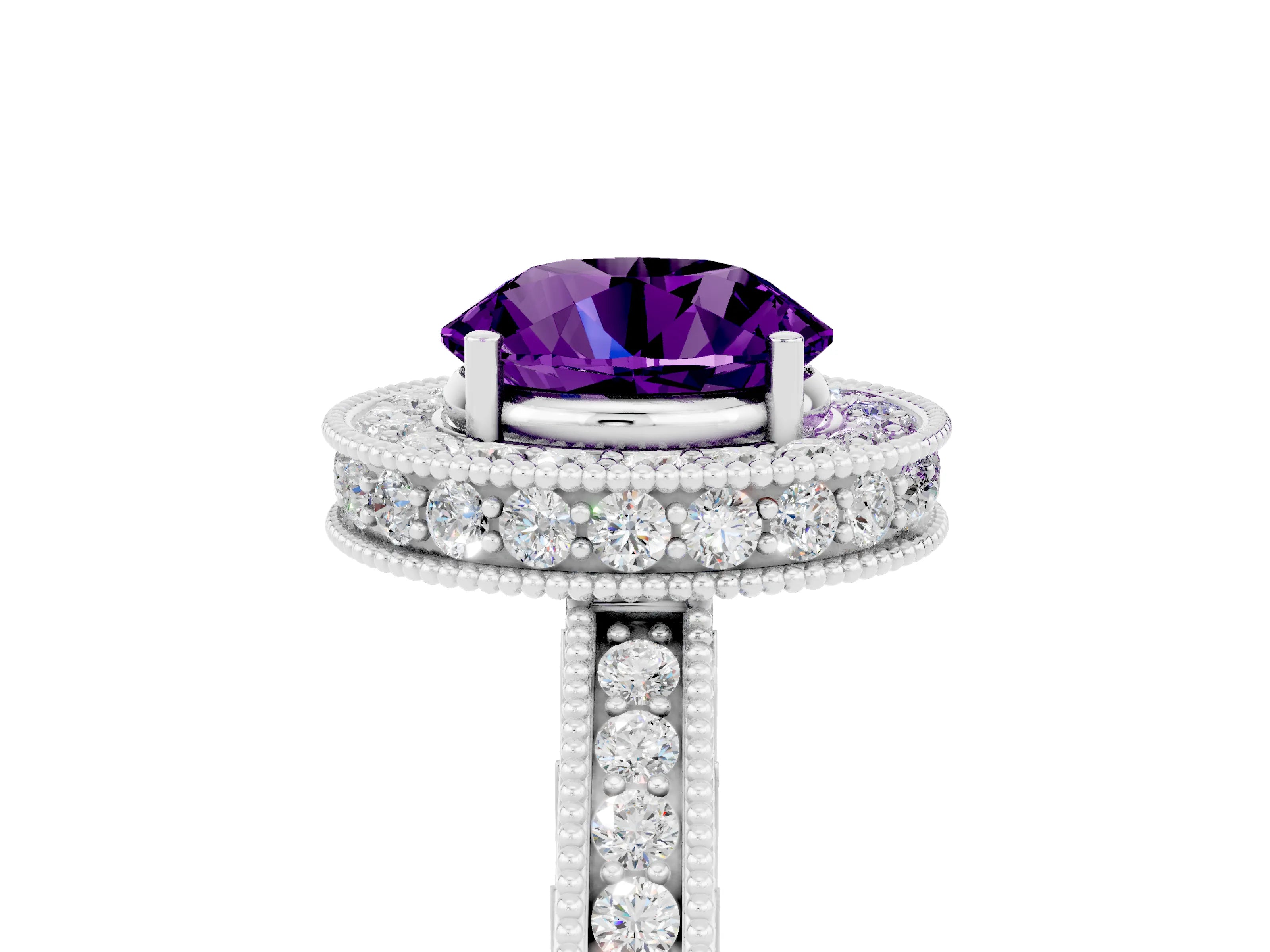 White gold Round Cut Halo Diamond Engagement Ring with Milgrain Pave Band and Four-Prong Setting_5