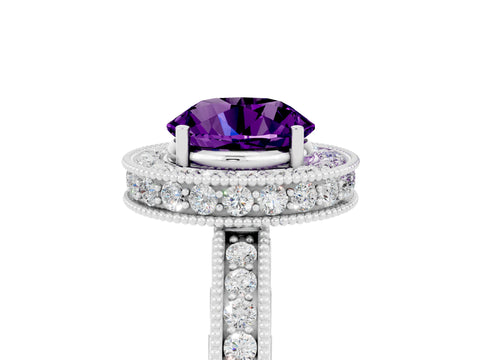 White gold Round Cut Halo Diamond Engagement Ring with Milgrain Pave Band and Four-Prong Setting_5