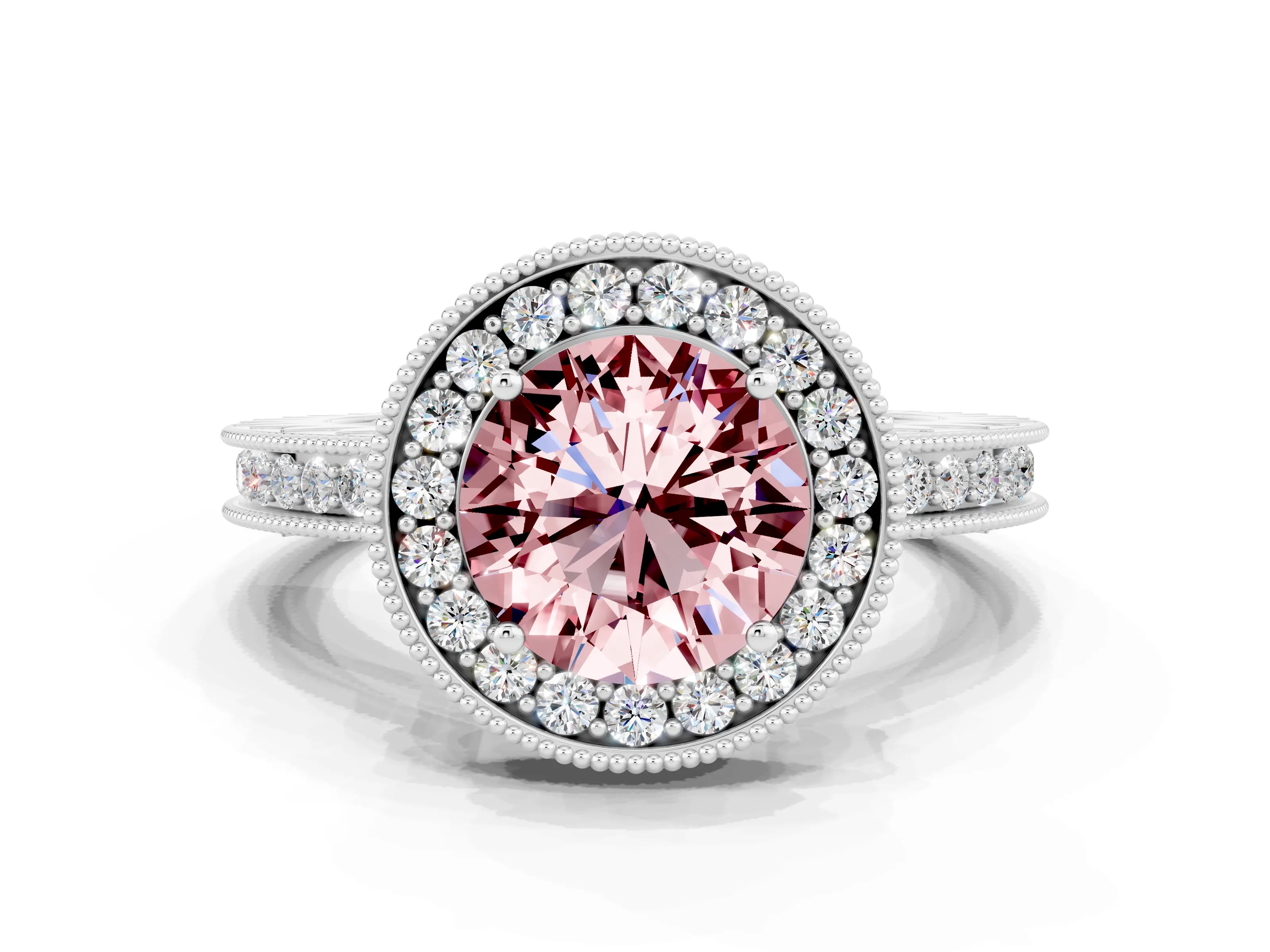 White gold Round Cut Halo Diamond Engagement Ring with Milgrain Pave Band and Four-Prong Setting