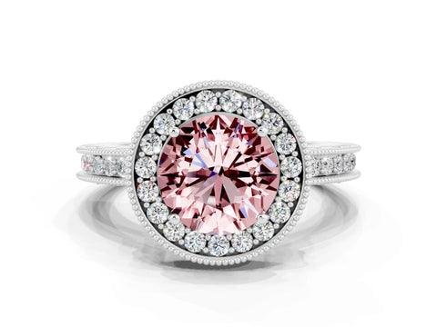 White gold Round Cut Halo Diamond Engagement Ring with Milgrain Pave Band and Four-Prong Setting