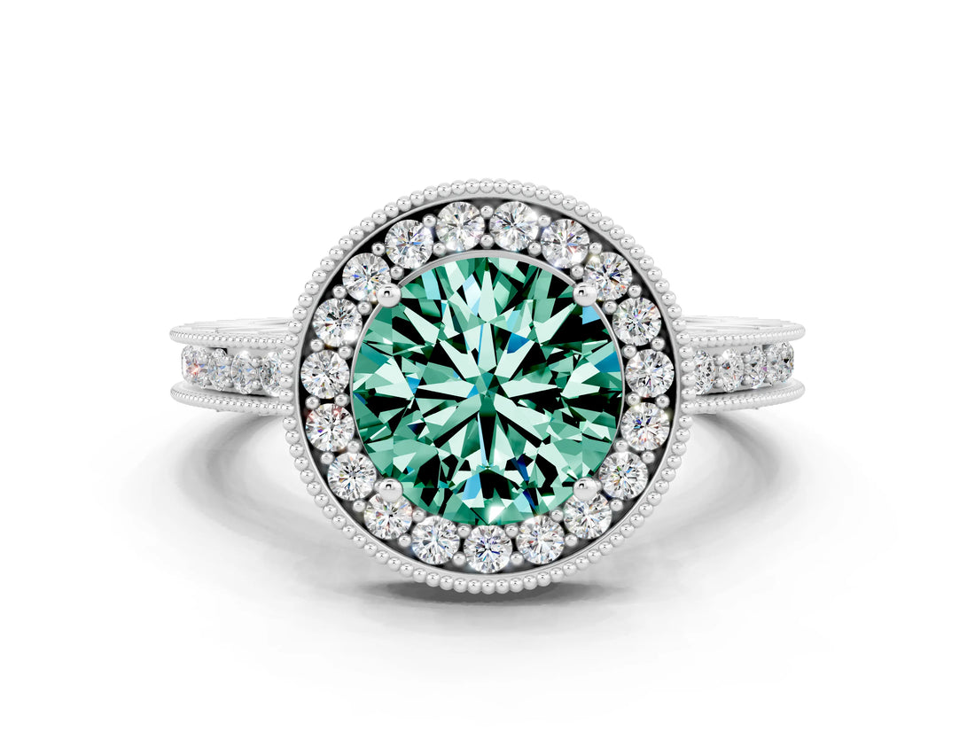 White gold Round Cut Halo Diamond Engagement Ring with Milgrain Pave Band and Four-Prong Setting
