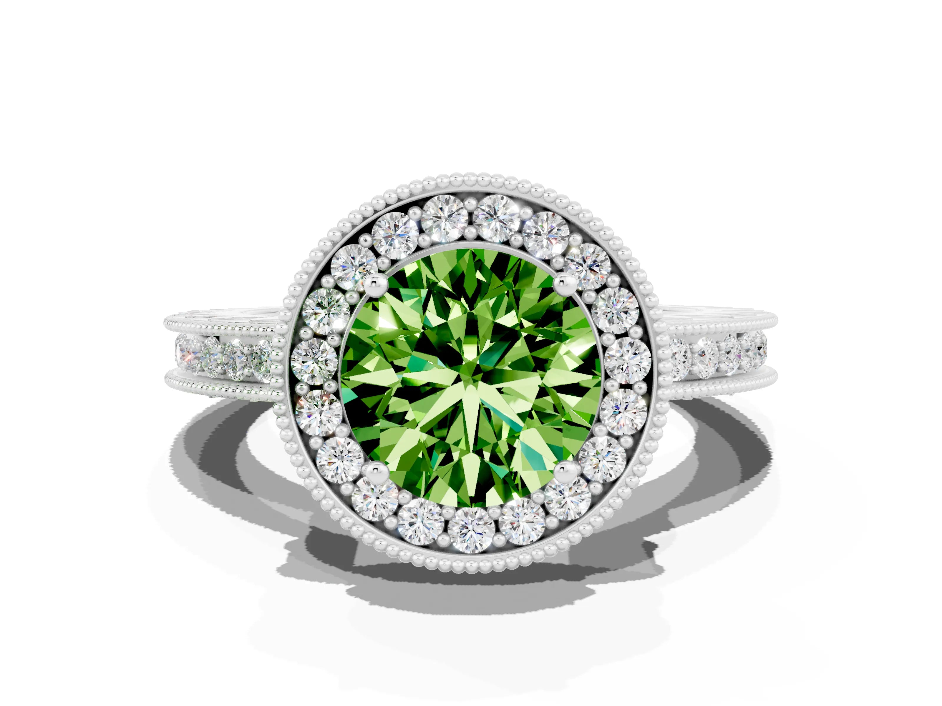 White gold Round Cut Halo Diamond Engagement Ring with Milgrain Pave Band and Four-Prong Setting
