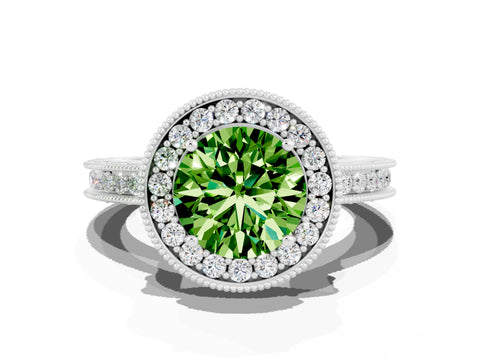 White gold Round Cut Halo Diamond Engagement Ring with Milgrain Pave Band and Four-Prong Setting