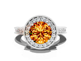 White gold Round Cut Halo Diamond Engagement Ring with Milgrain Pave Band and Four-Prong Setting