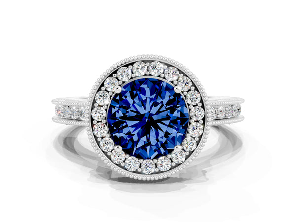 White gold Round Cut Halo Diamond Engagement Ring with Milgrain Pave Band and Four-Prong Setting