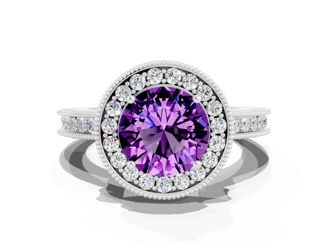 White gold Round Cut Halo Diamond Engagement Ring with Milgrain Pave Band and Four-Prong Setting
