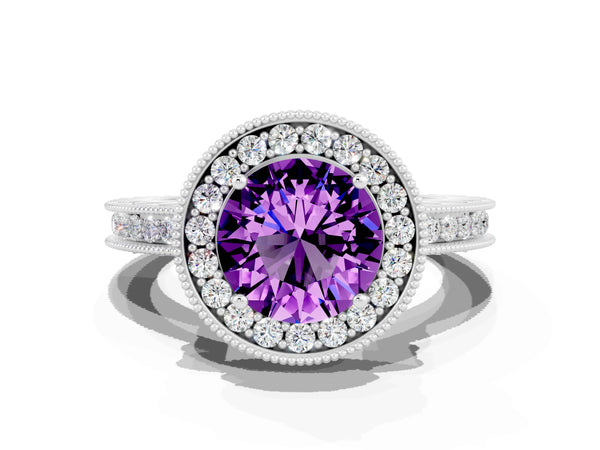 Platinum Round Cut Amethyst Milgrain Halo Engagement Ring with Round Pavé Band and Prong Setting