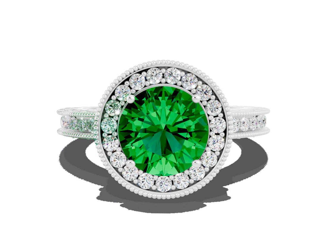 White gold Round Cut Halo Diamond Engagement Ring with Milgrain Pave Band and Four-Prong Setting
