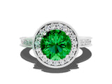 White gold Round Cut Halo Diamond Engagement Ring with Milgrain Pave Band and Four-Prong Setting