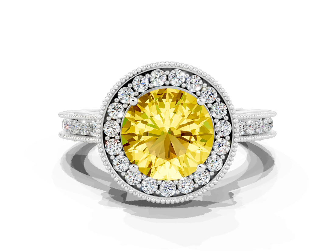 White gold Round Cut Halo Diamond Engagement Ring with Milgrain Pave Band and Four-Prong Setting