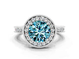 White gold Round Cut Halo Diamond Engagement Ring with Milgrain Pave Band and Four-Prong Setting
